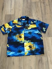Vintage Helenas Shirt Mens Large Blue Palm Sunset Flowers Aloha Hawaiian Cruise
