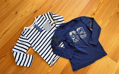 Happy Kids Jungen 2er Langarmshirt Set 128 blau/weiß gestreift, Wendepaillett
