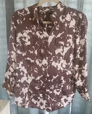 New York & Company Women’s Top LG Brown 3/4 Sleeves Floral Button Up Office NWT