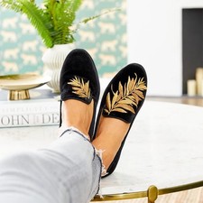 Birdies The Starling Loafers Women 9 Black Velvet Gold Fern Leaf Dark Academia