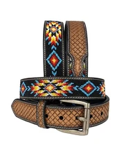 Genuine Leather Beaded Western Men Belt Hand Made Embossed With Removable Buckle
