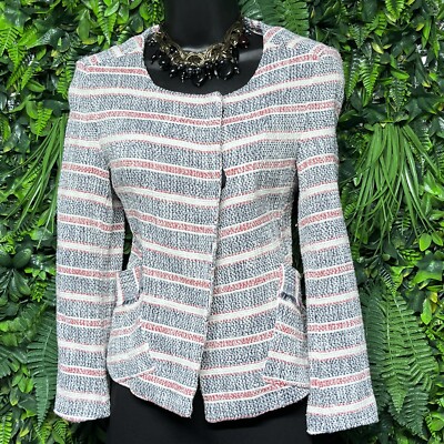 ZARA Jacket Women Medium Crem Red Blue Long Sleeve Tweed Blazer Lined 2693