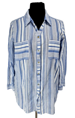 SUSAN GRAVER Womens Button Up Shirt Plus Size 2X Blue Striped Long Sleeve  84P