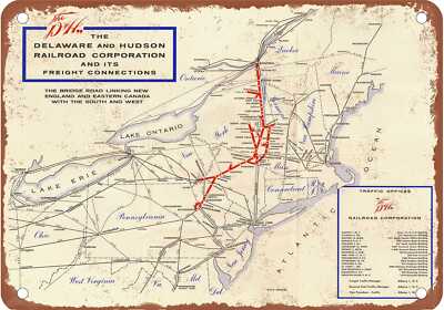 METAL SIGN - Delaware & Hudson Freight Connections Map - Vintage Rusty Look
