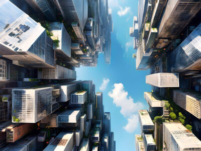 Surreal Skyscraper Collage Floating Sky City Cityscape Poster Print 18 x 24 in