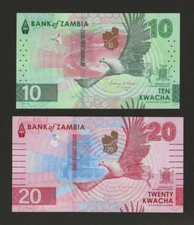 ZAMBIA 10 & 20 Kwacha 2024, P-62a + P-63a New Series, Original UNC, Pretty Notes
