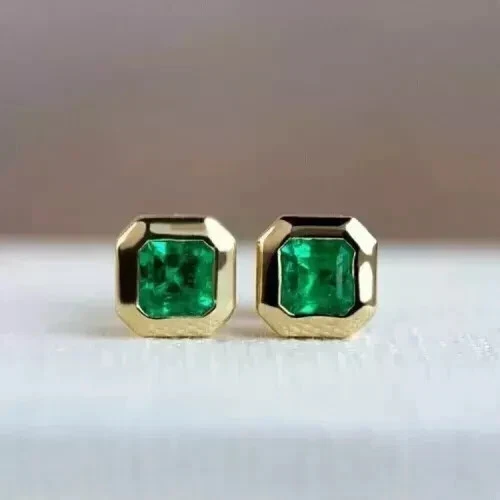 Natural Emerald 3Ct Asscher Cut Women's Stud Earring 14K Yellow Gold Plated - Image 4 of 4