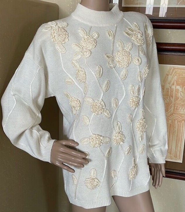 RAFAELLA WOMENS VINTAGE MERINO WOOL KNIT WINTER WHITE HOLIDAY SWEATER TOP  SZ M