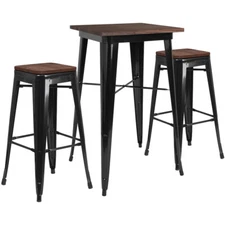 23.5" Black Metal Bar Height Restaurant Table Set Walnut Wood Top and 2 Barstool
