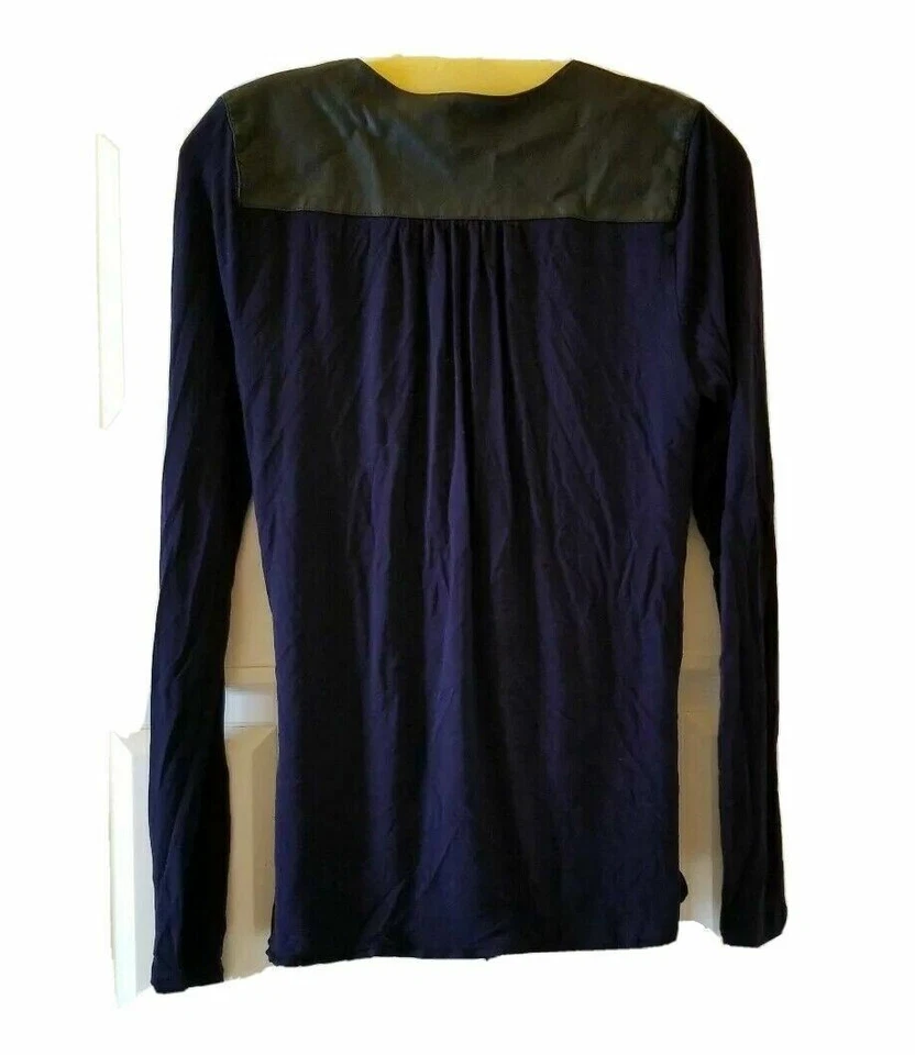 CAbi Navy Blouse Faux Black Leather Trim Size Small Limited Edition Long Sleeve  - Image 2 of 4