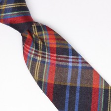 John G Hardy Mens Slub Silk Necktie Gray Red Blue Plaid Weave Woven Tie Italy