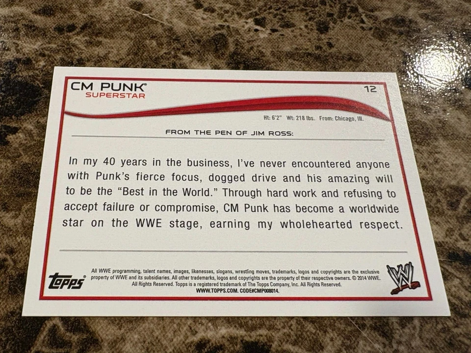CM PUNK 2014 Topps WWE #12 - Image 2 of 2