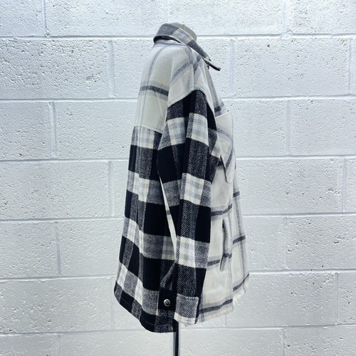 H&M CREAM BLACK CHECKED SHACKET COAT JACKET BUTTON UP WOOLY OVERSIZED UK S - Picture 4 of 6