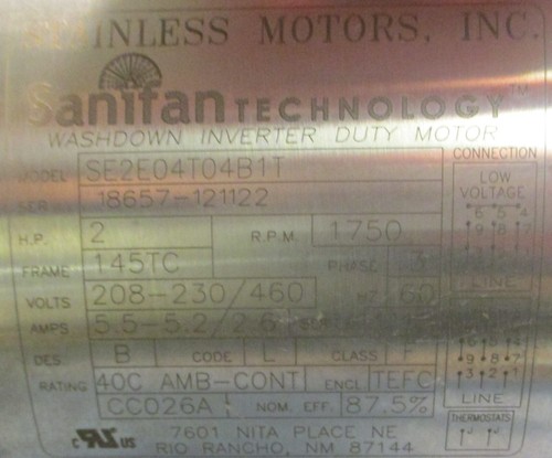 Stainless Motors Sanifan SE2E04T04B1T Washdown Inverter Duty Motor 7/8" Shaft Di - Picture 3 of 7