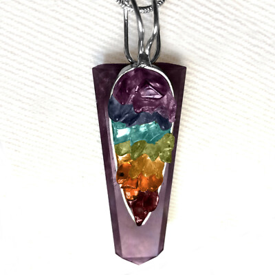 Amethyst Crystal Point 7 Chakra Gemstone Pendant Silver Necklace Reiki Healing