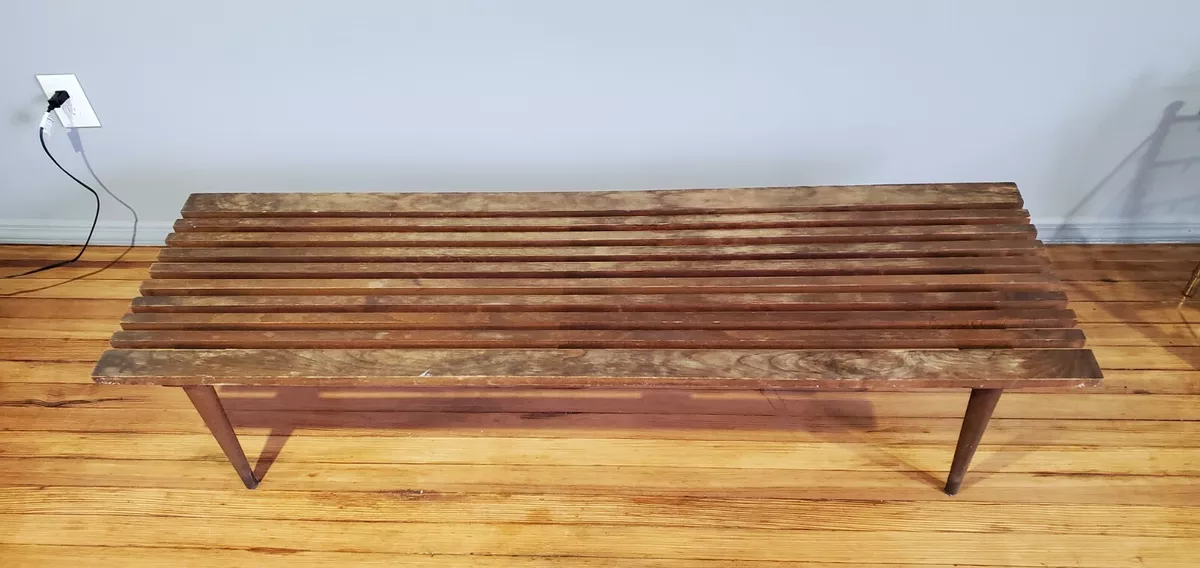 Mid Century Walnut Slat Bench Coffee Table 60 inch long 10 slats