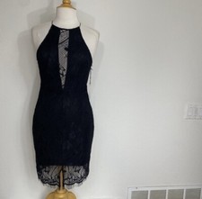 New Women's Astr Black Lace Halter Fitted Mini Dress Size Medium Party Glam LBD