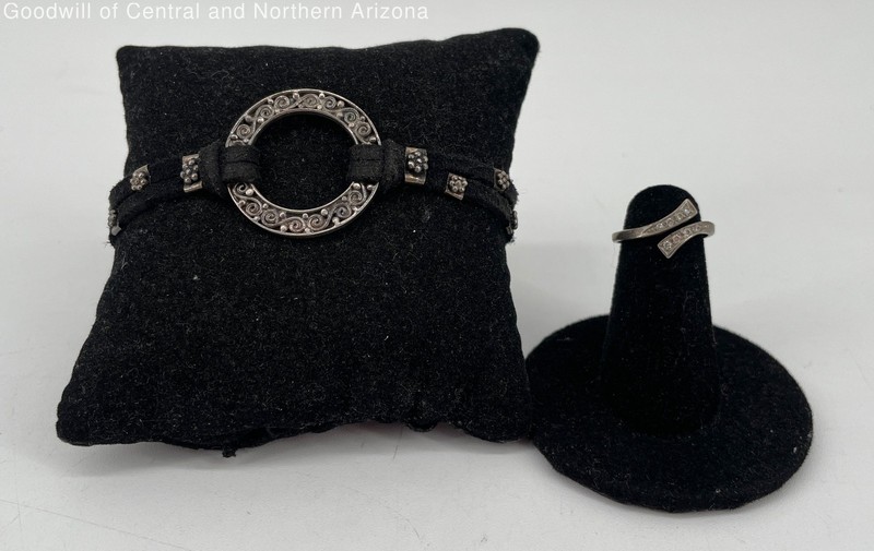 925 Sterling Silver Size 2.75 CZ Ring & 7.5" Boho Bracelet w/ Leather 8.88g