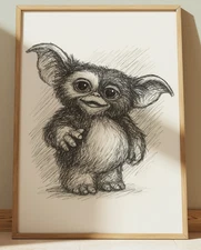 GIZMO GREMLIN DRAWING PRINT PORTRAIT SKETCH 8" x 10" GREMLINS HORROR MOVIE ART