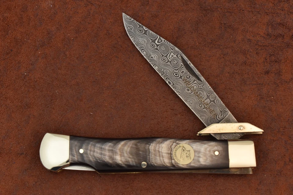 WEIDMANNSHEIL SOLINGEN GERMANY BUFFALO HORN DAMASCUS SWING GUARD KNIFE (27611) - Image 3 of 4