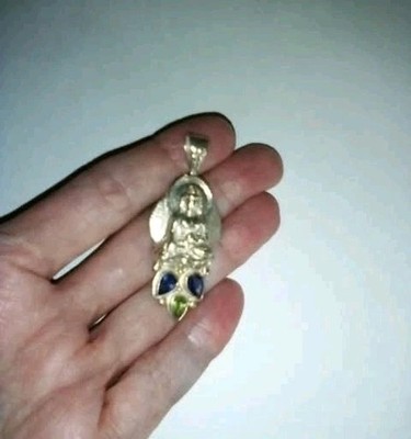 Buddha Pendant Sterling Silver With Iolite And Peridot. Made In Nepal. 2 inches 