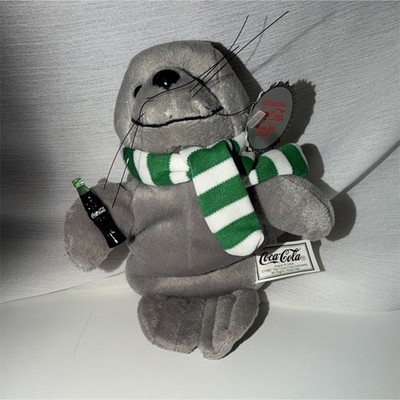 Coca-Cola Collectible Bean Bag Plush Seal Small Green Striped Scarf 1997