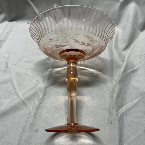 Vintage Pink Depression Glass Pedestal  Compote Flower Laurel Leaf Etched