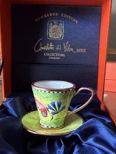 Miniature Charlotte Di Vita Hand Painted Enamel Teacup/Saucer butterflies 