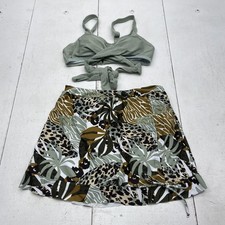 Tropical Print Swimsuit Set Womens Medium Green Bikini Top Skort Bottom