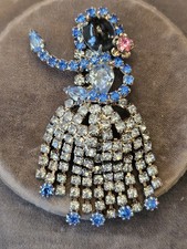 Vintage SIGNED Hobe Hula Dancer Girl Skirt Silver Pin Brooch Blue Rhinestone