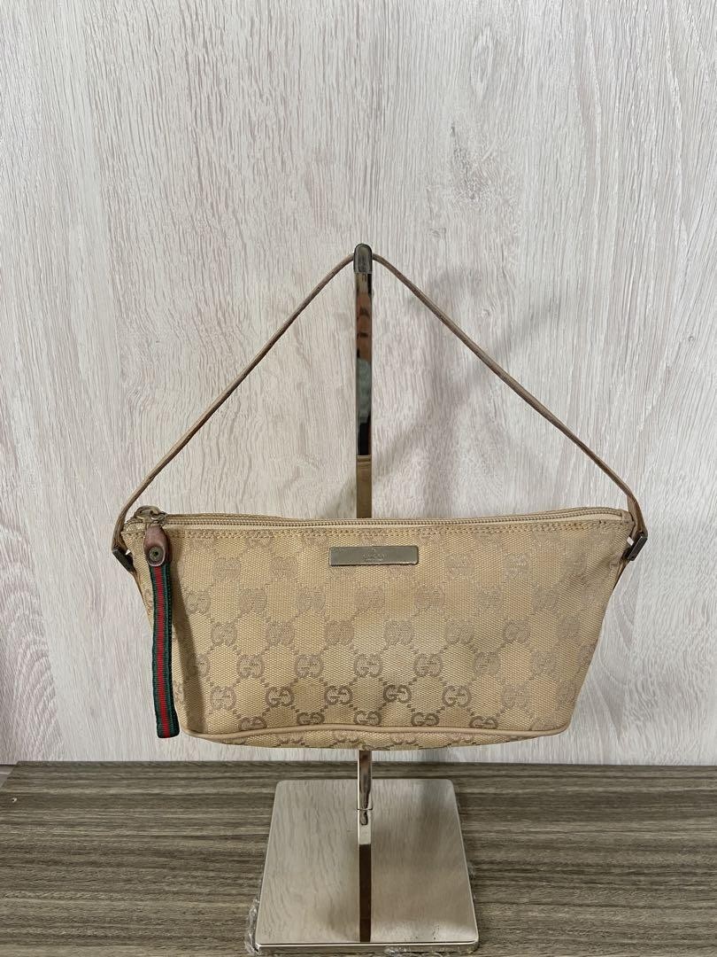Gucci GG Canvas Leather Accessory Pouch Beige Sherry Used From Japan