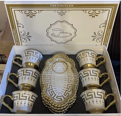 Turkish Tea Set of 6 Cups With Saucer White Gold Coffee Drinkware Gift
