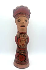 Vintage Nahua Mexican Folk Art Clay Figurine Hand Painted Woman With Dog 12"