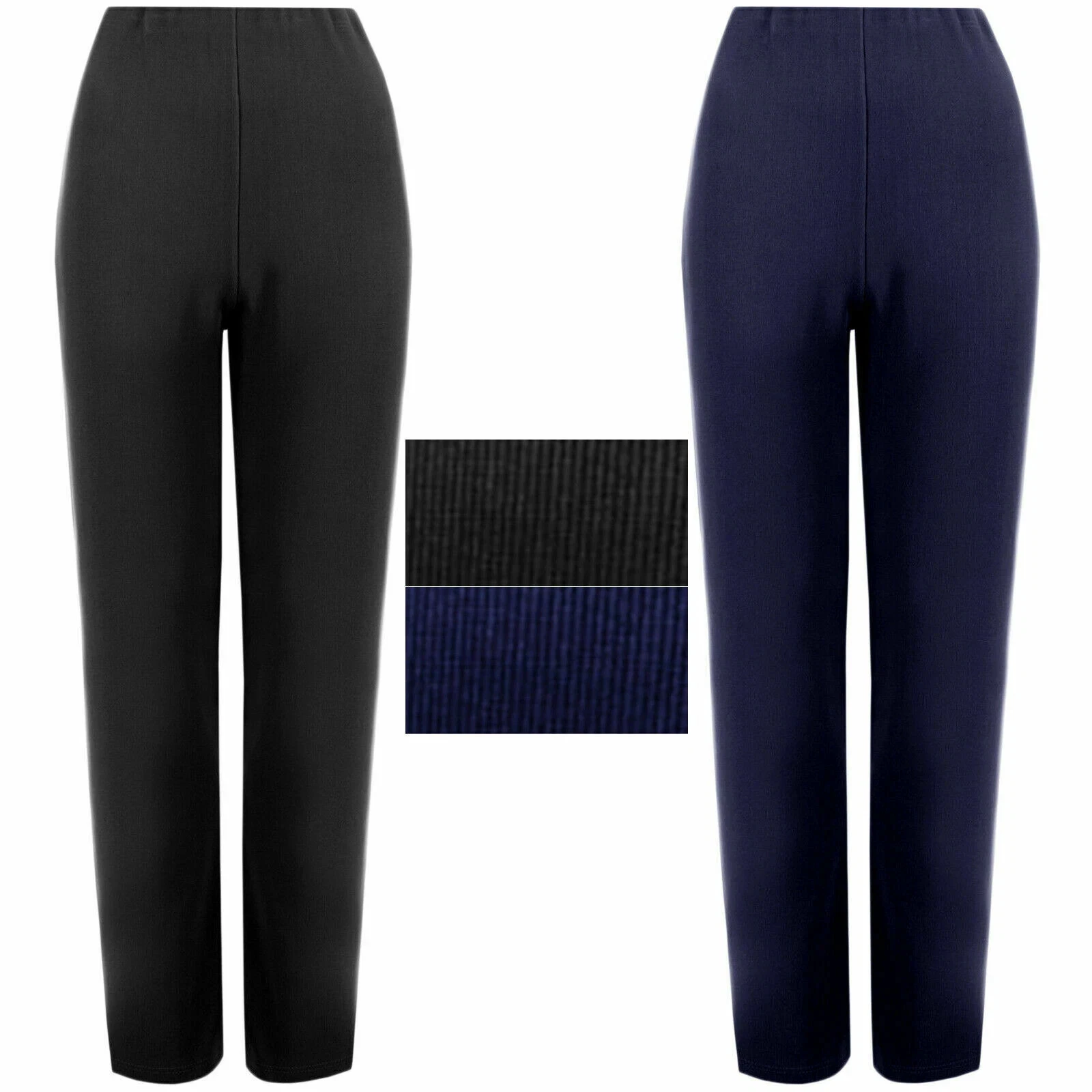 Ladies Trousers Stretch Pull On 2 Pack Women Straight Leg Elastic Waist Pants