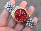 Vintage Seiko 5 Automatic Red Dial Arabic Numerals SS Men's Japanese Wristwatch