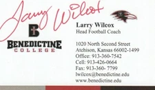FORMER BENEDICTINE HEAD FB COACH LARRY WILCOX SIGNED BUSINESS CARD