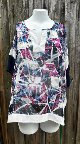 Style & Co Top XL Bluse rosa blau weiß Kimono Kurzarm Tunika geteilter Saum - Bild 11 von 11