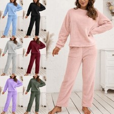Women Fleece Fuzzy Pajamas Set Long Sleeve Sherpa Sleepwear Ladies Loose Winter