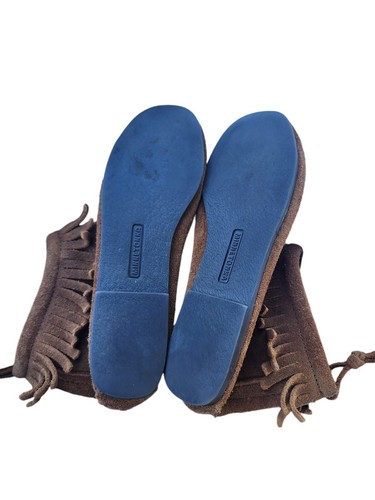 Stivaletti vintage Minnetonka mocassini marroni scamosciati frange alla caviglia zip taglia 6 suola rigida - Foto 7 di 13