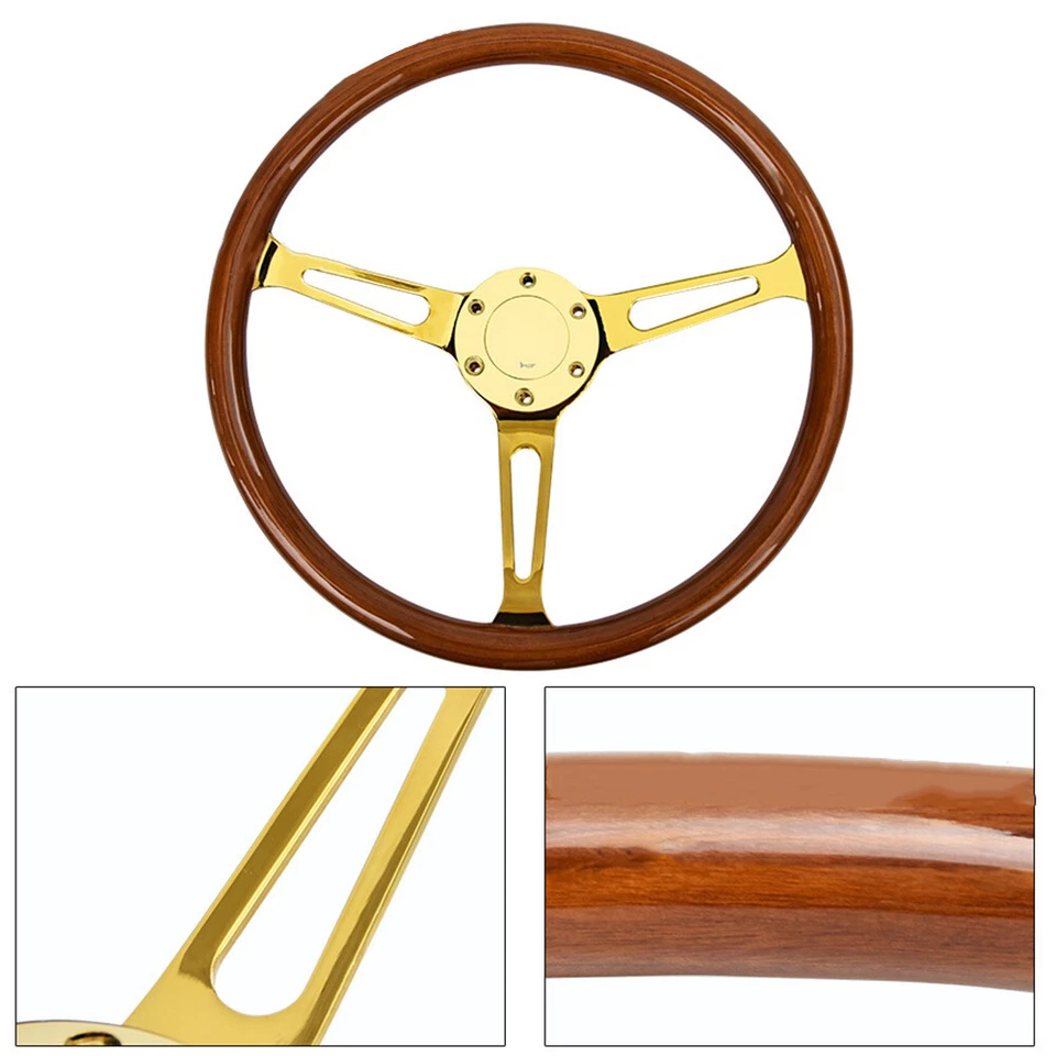 Volante de madeira 15" 6 parafusos para carro caminhão 3 raios clássico com botão de buzina - Imagem 4 de 4