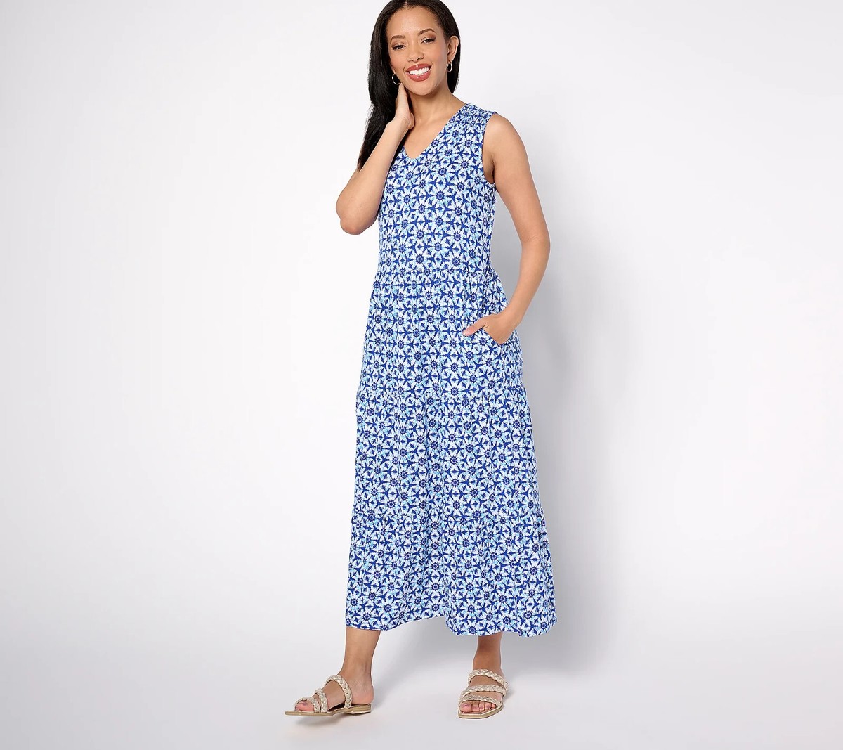 Denim & Co. Printed Linen Blend V-Neck Tiered Midi Dress Lapis Pet XXS  A643329