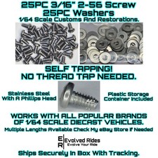 50pc Set 3/16th 2-56 Screw Self Tap FOR 1/64 Scale Custom Restoration Hot Wheel