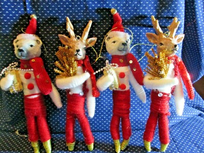 4 Red & White Yarn, Reindeer and Polar Bear ~ Folk Art Christmas Ornaments