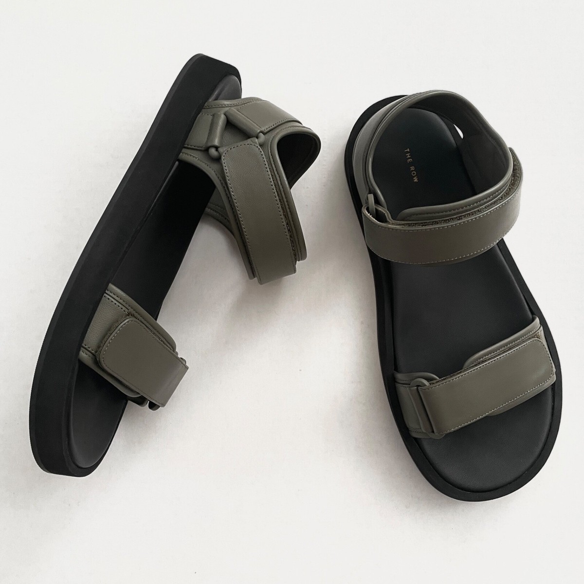 THE ROW Hook-and-Loop II Leather Sandals in Mangrove Green