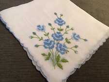 Vintage Blue Embroidered Roses Hankie VGC 