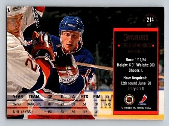 1993-94 Donruss Sergei Nemchinov #214 New York Rangers - Image 2 of 2