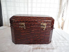 Faux leather trunk, box w/brass tone accent handles & hardware lined