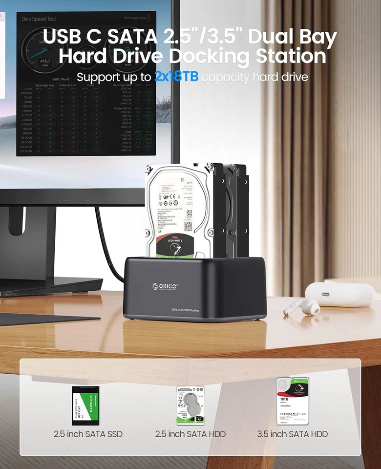ORICO Docking Station 2 Bay Hard Drive Dock Enclosure for 2.5" 3.5" SATA HDD SSD - Image 3 of 4