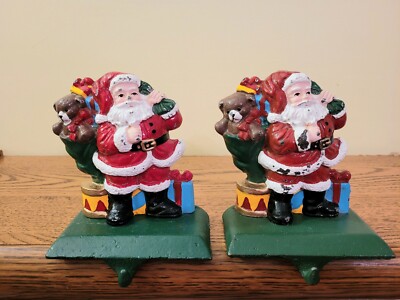 Vintage Painted Cast Iron Stocking Hangers Santa Claus Toy Sack Christmas 