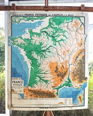 ancienne carte scolaire  géographie Kaeppelin Bruley Hatier 11 France physique - Photo 1/2
